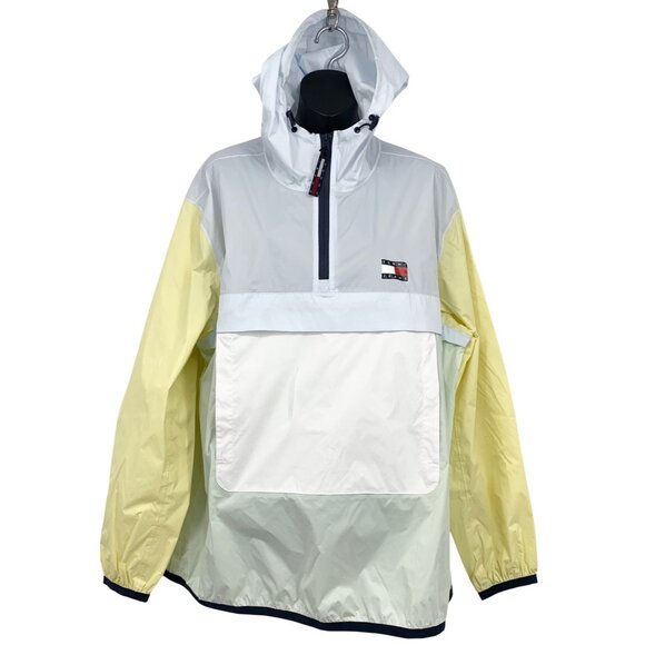 Tommy Jeans Men Large Packable Chicago Windbreaker Yellow Blue Half Zip Hoodie - Picture 1 of 8